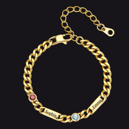 Gold Custom 2 Name Cuban Chain Bracelet with Round Birthstone on a white background