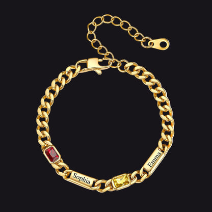 Gold Custom 2 Name Cuban Chain Bracelet with rectangle Birthstone on a white background
