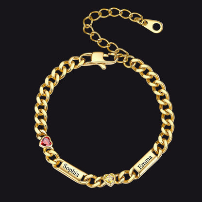 Gold Custom 2 Names Cuban Chain Bracelet with Haert Birthstone