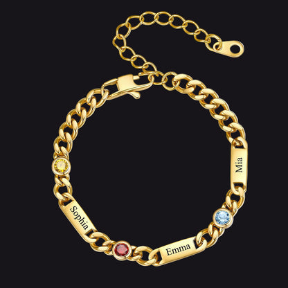 Gold Custom 3 Name Cuban Chain Bracelet with Round Birthstone on a white background