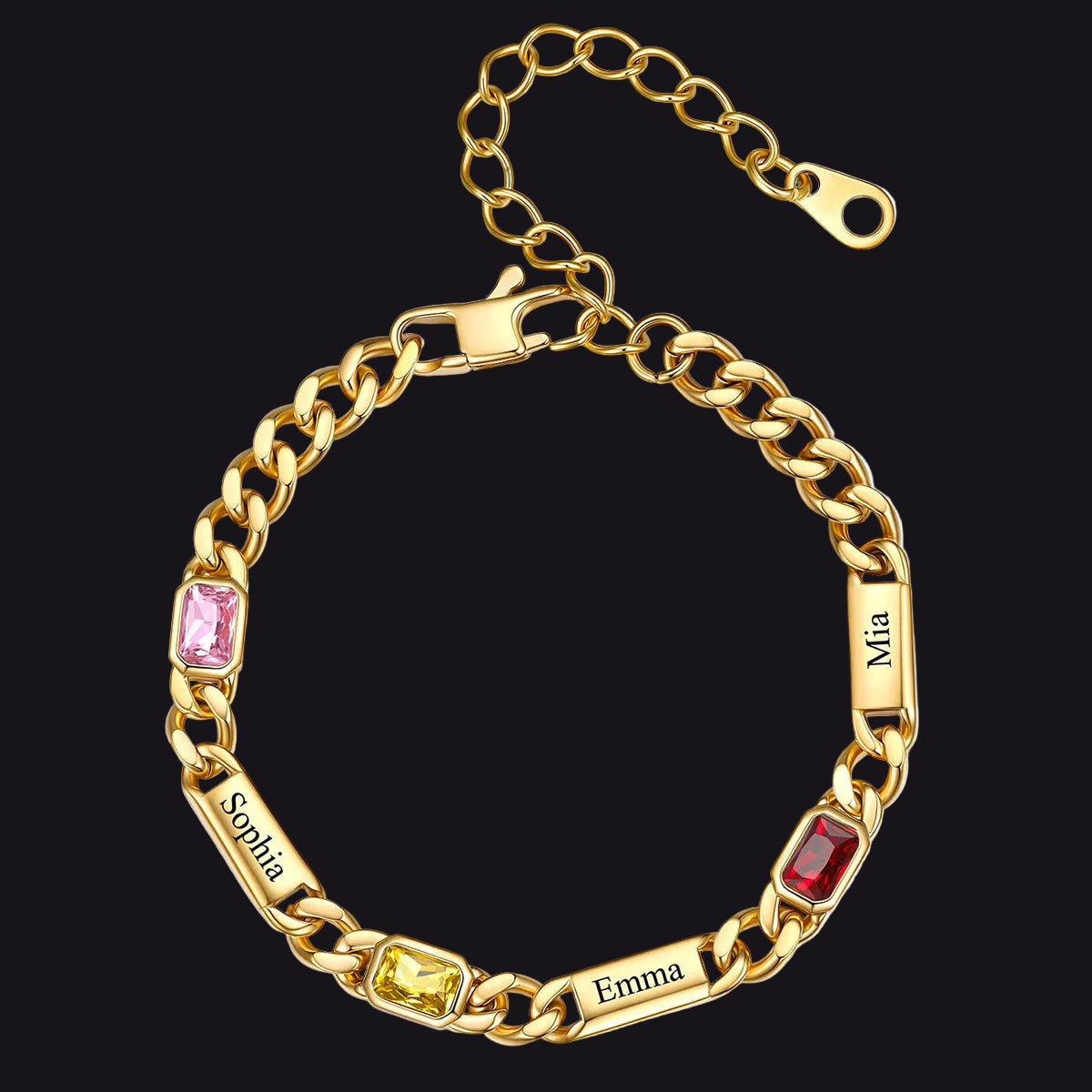 Gold Custom 3 Name Cuban Chain Bracelet with rectangle Birthstone on a white background