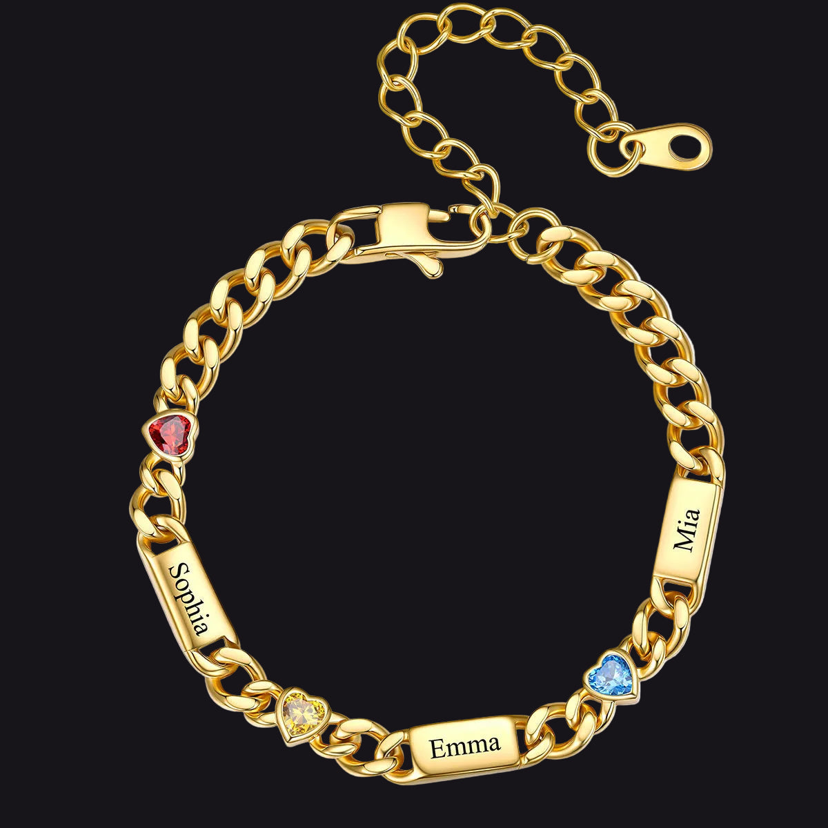 Gold Custom 3 Names Cuban Chain Bracelet with Haert Birthstone