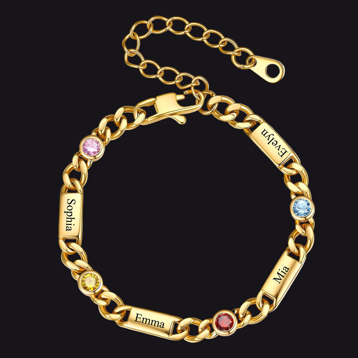 Gold Custom 4 Name Cuban Chain Bracelet with Round Birthstone on a white background