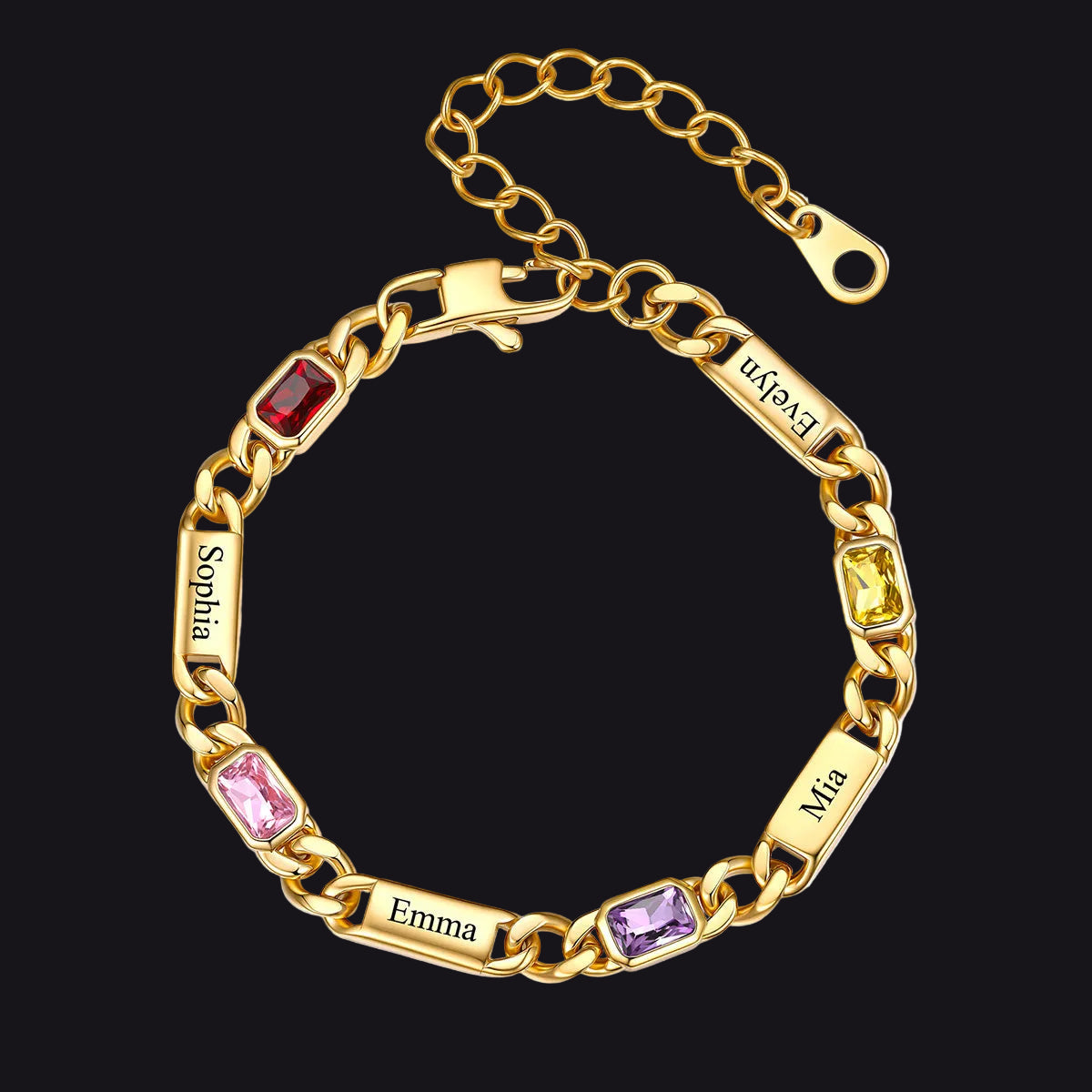 Gold Custom 4 Name Cuban Chain Bracelet with rectangle Birthstone on a white background