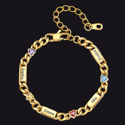 Gold Custom 4 Names Cuban Chain Bracelet with Haert Birthstone