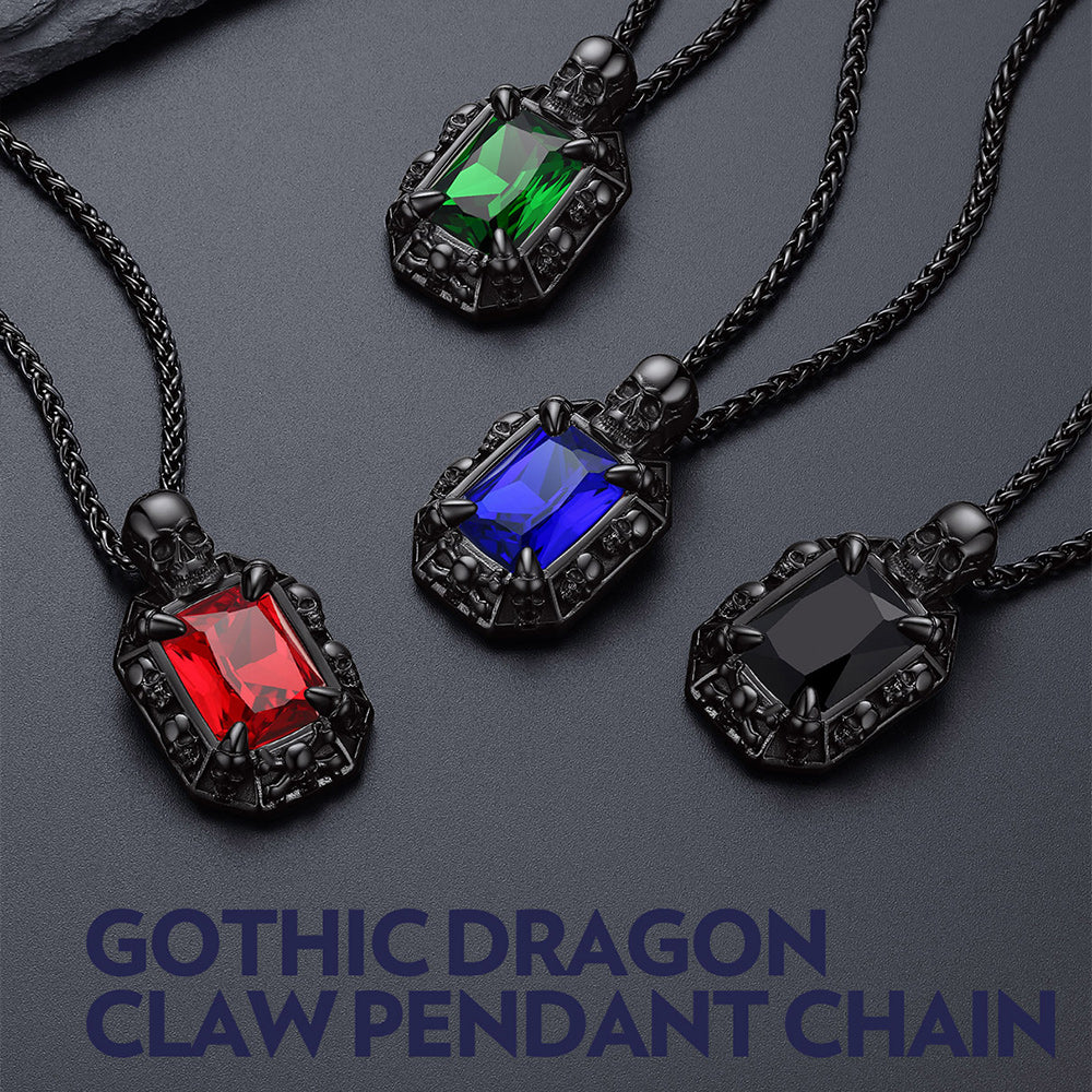 Gothic Gemstone Dragon Claw Necklace with Skull for Men