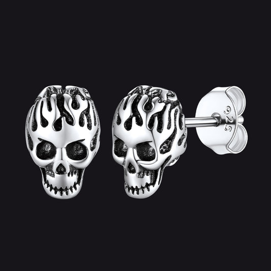 Flash Sale Sterling Silver Gothic Flaming Cool Skull Stud Earrings For Men