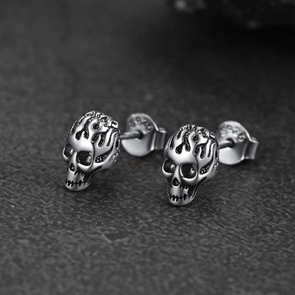 Flash Sale Sterling Silver Gothic Flaming Cool Skull Stud Earrings For Men