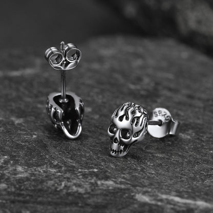 Flash Sale Sterling Silver Gothic Flaming Cool Skull Stud Earrings For Men