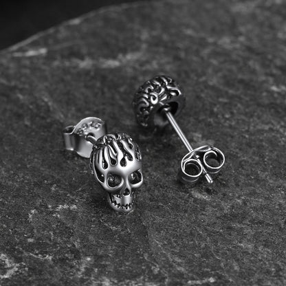 Flash Sale Sterling Silver Gothic Flaming Cool Skull Stud Earrings For Men