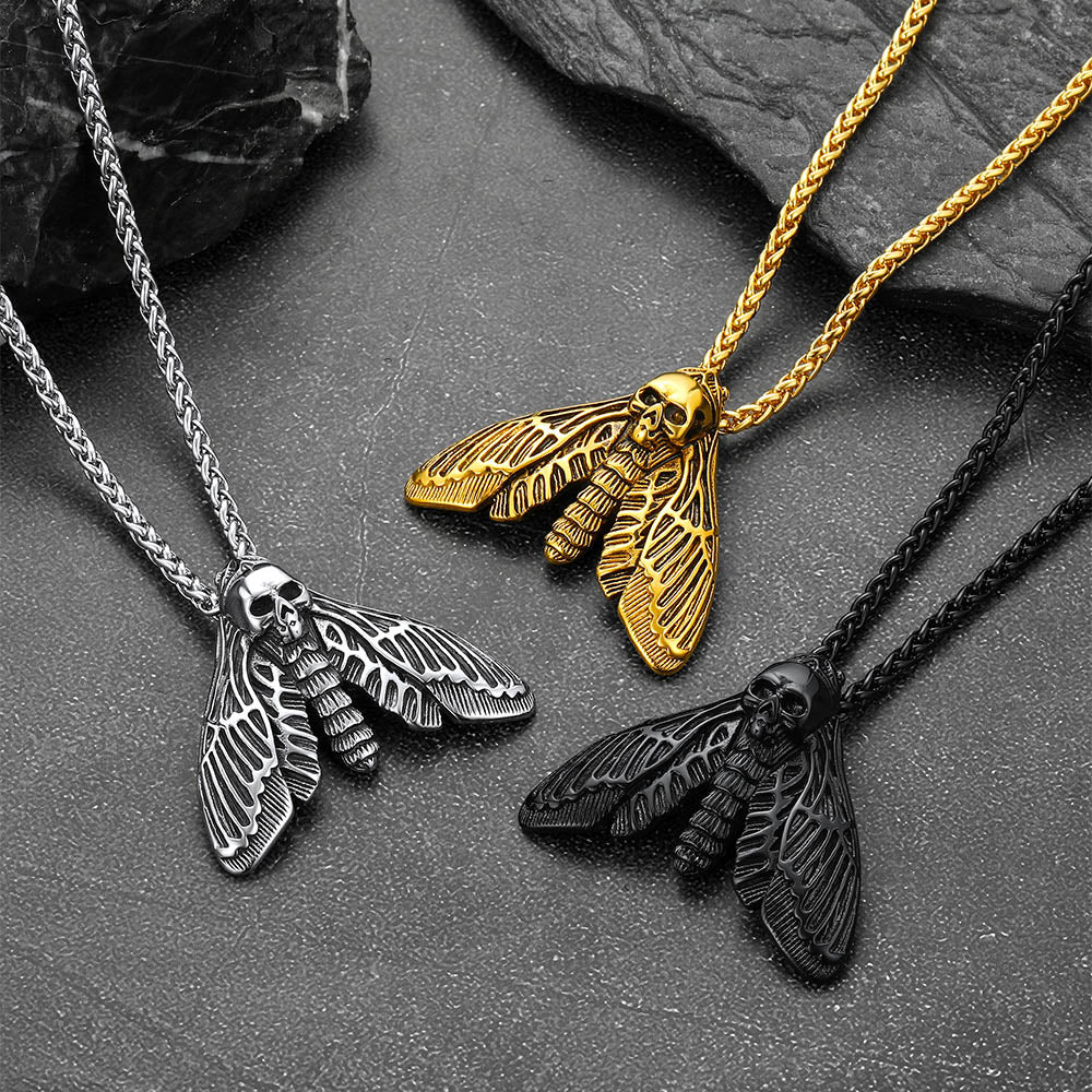 Cool Gothic Skull Moth Necklace for Men Boys