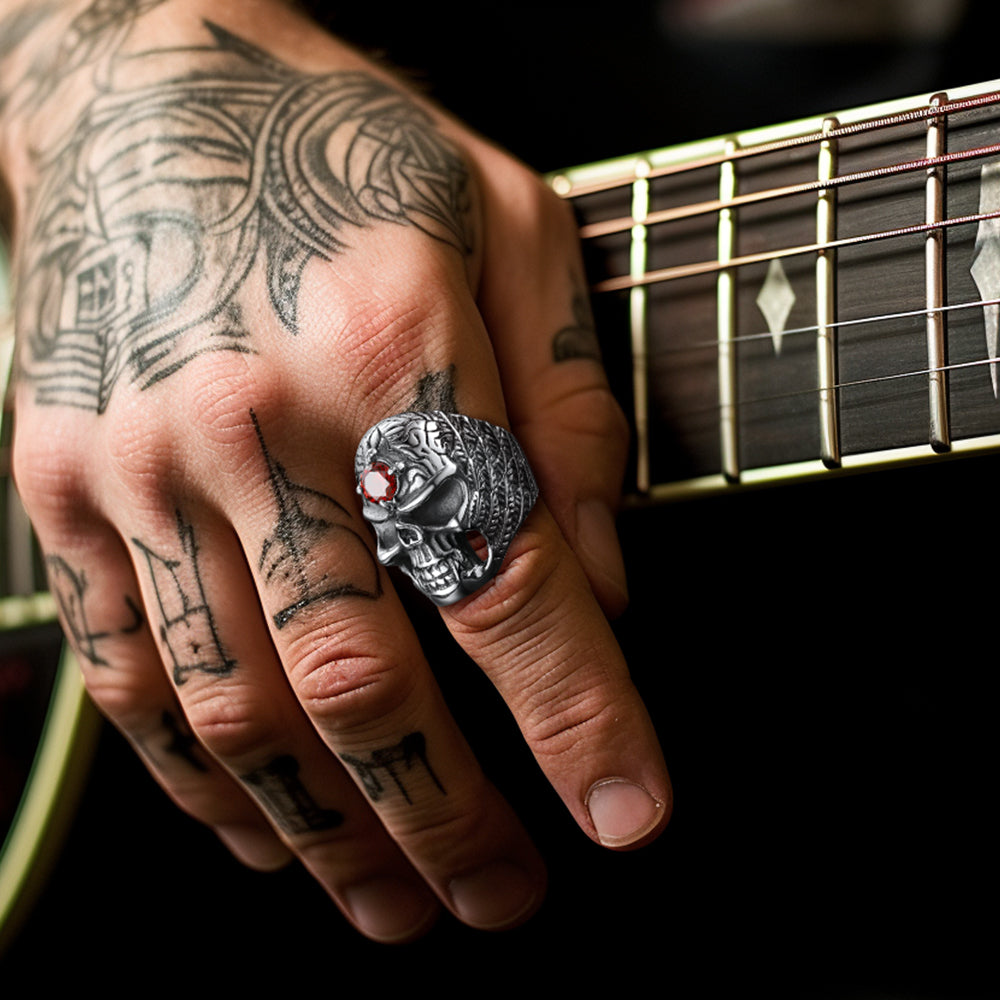 FaithHeart Gothic Skull Ring with Red Gem Forehead for Men/Women