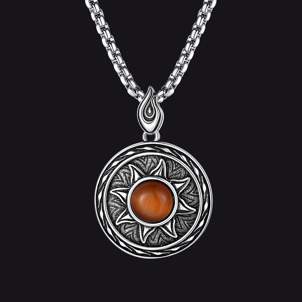 Gothic Tiger Eye Stone Sun Pendant Protection Necklace for Men