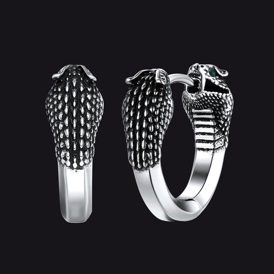 Silver hoop earrings with snake head design on a black backgroundimg