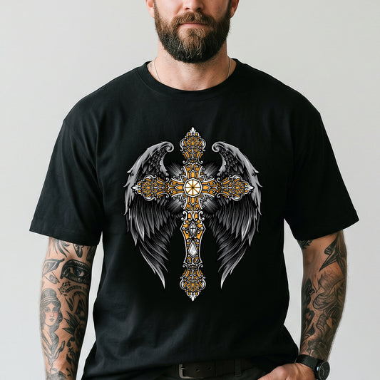 Gothic Cross With Angel Wings T Shirts for Men Fatherimg