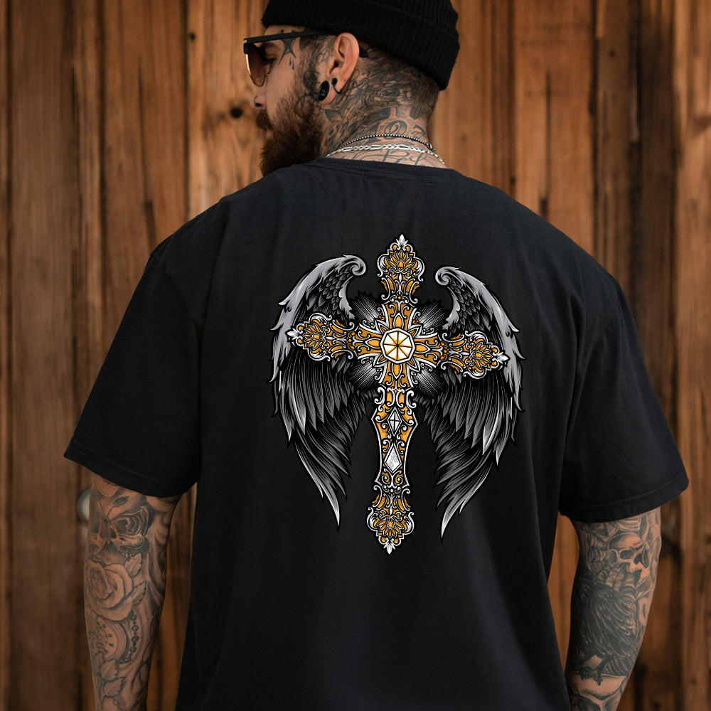 Gothic Cross With Angel Wings T Shirts for Men Father Husband