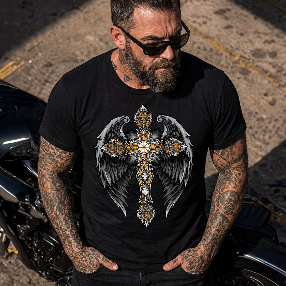 Gothic Cross With Angel Wings T Shirts for Men Father