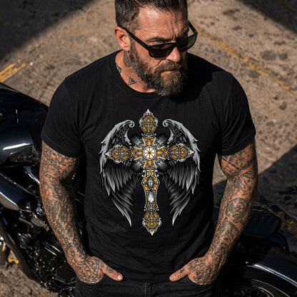 Gothic Cross With Angel Wings T Shirts for Men Father