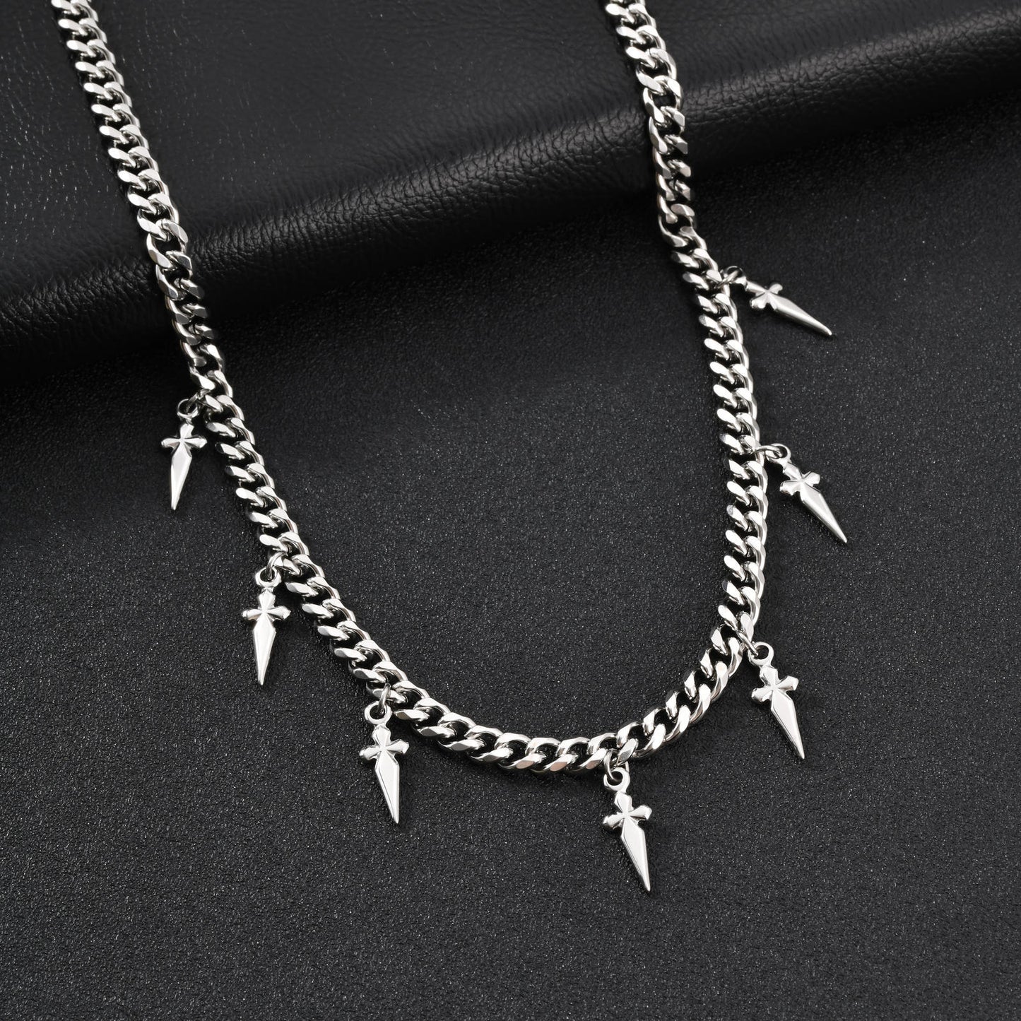 Silver chain necklace with spike-like pendants for men
