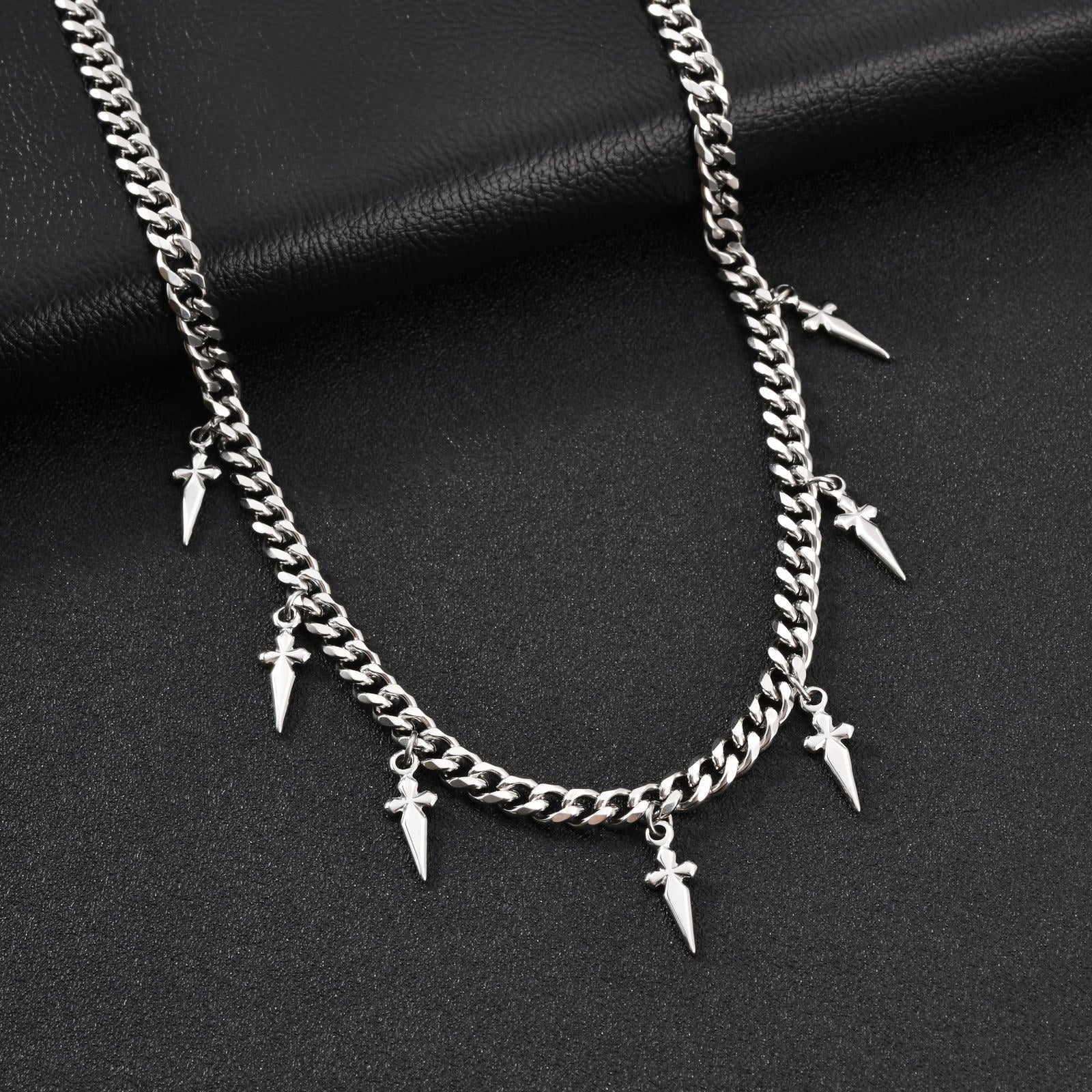 Silver chain necklace with spike-like pendants for men