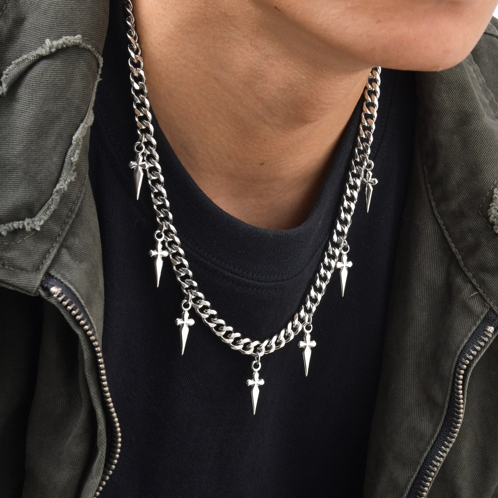 Gothic Cross and Spike Charmed Cuban Chain Necklace for Men Husband