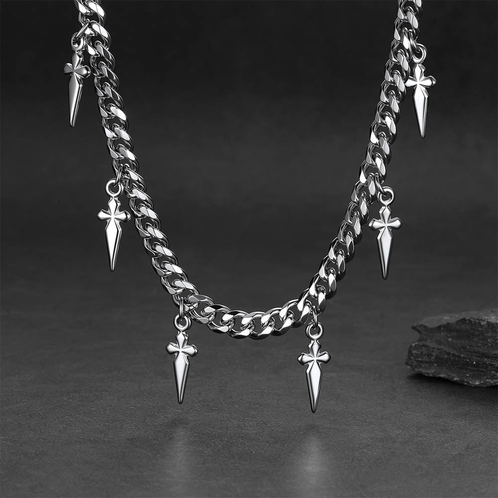 Silver Gothic Cross and Spike Charmed Cuban Chain Necklace for Men father's day gift