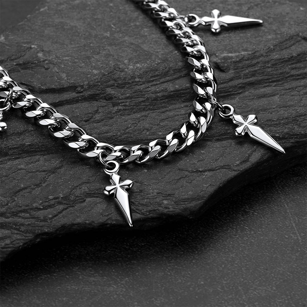 Silver Gothic Cross and Spike Charmed Cuban Chain Necklace for Men boyfriends
