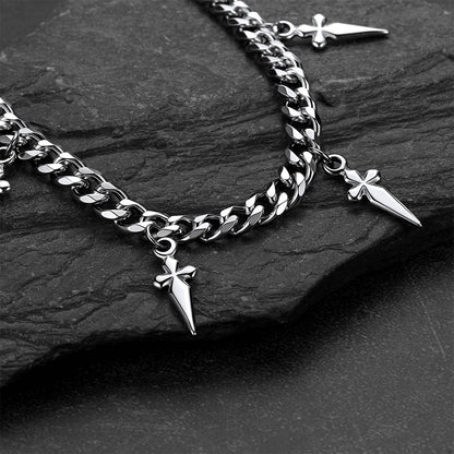 Silver Gothic Cross and Spike Charmed Cuban Chain Necklace for Men boyfriends