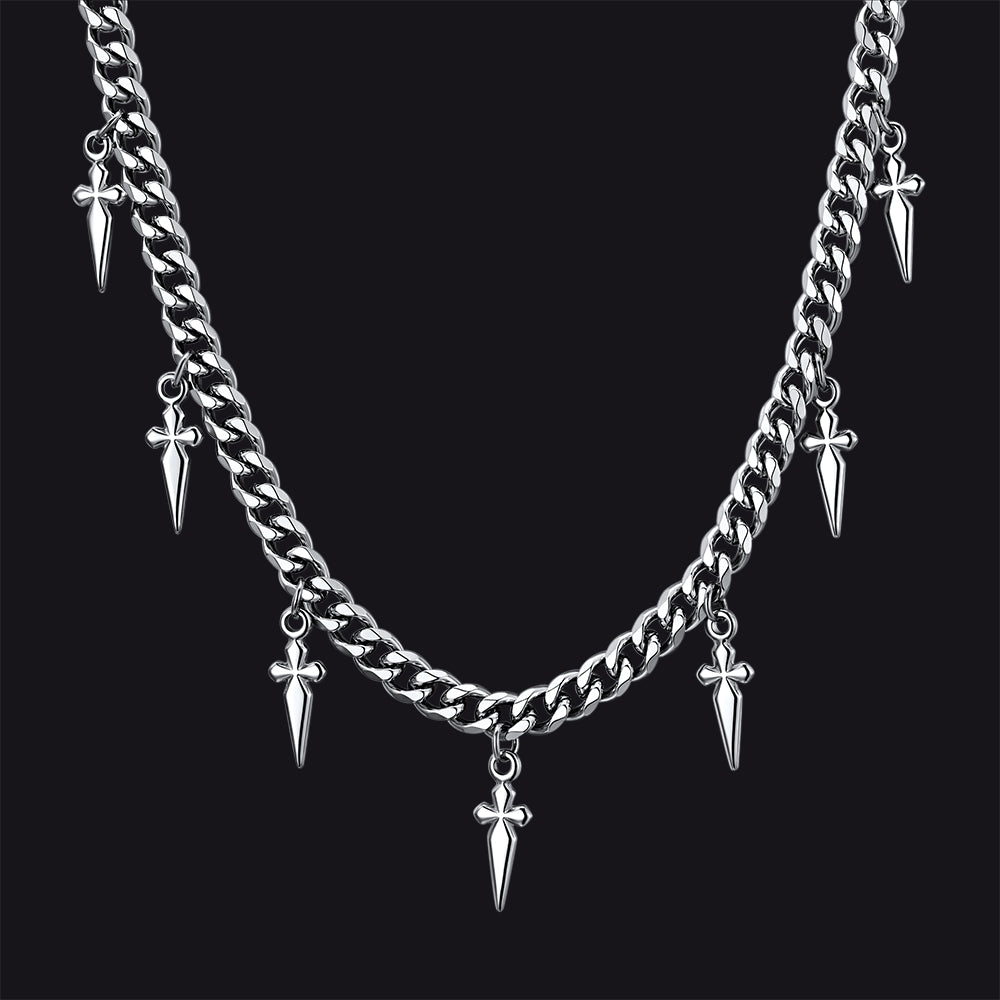 Silver Gothic Cross and Spike Charmed Cuban Chain Necklace for Men