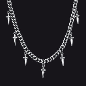 Silver Gothic Cross and Spike Charmed Cuban Chain Necklace for Men