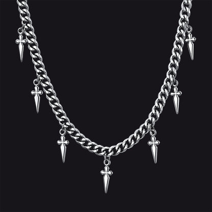 Silver Gothic Cross and Spike Charmed Cuban Chain Necklace for Men