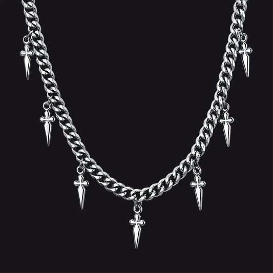 Silver Gothic Cross and Spike Charmed Cuban Chain Necklace for Menimg