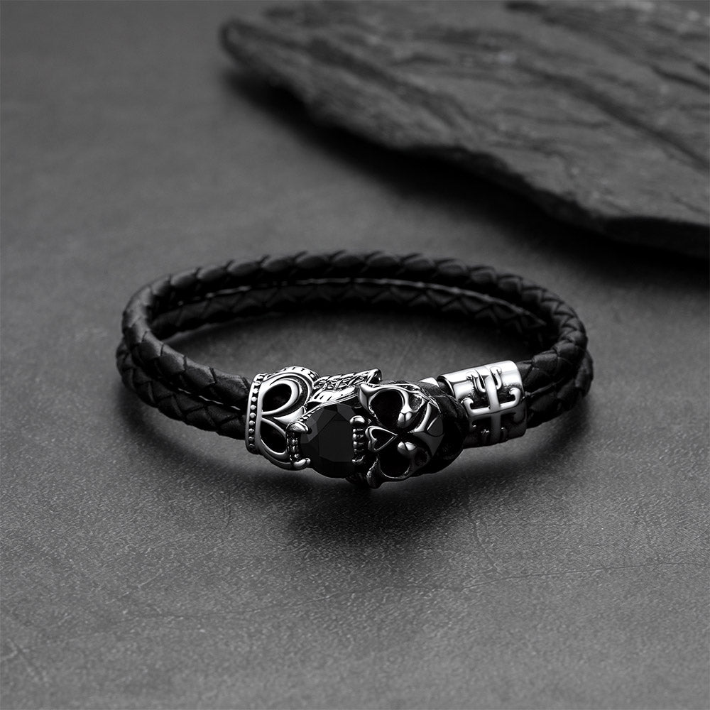 Gothic crown skull black braided leather bracelet for men