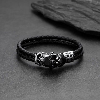 Gothic crown skull black braided leather bracelet for men