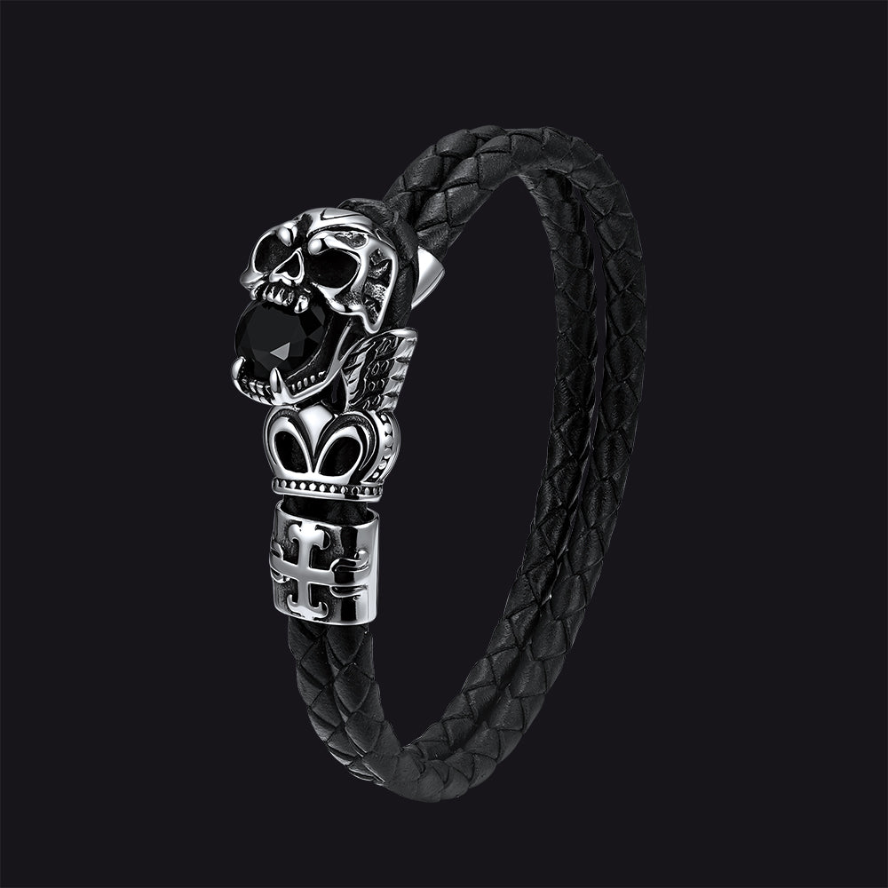 Gothic crown skull black braided leather bracelet for men