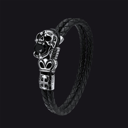 Gothic crown skull black braided leather bracelet for men