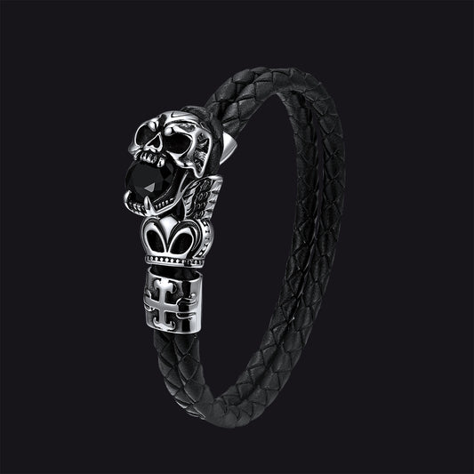 Gothic crown skull black braided leather bracelet for menimg