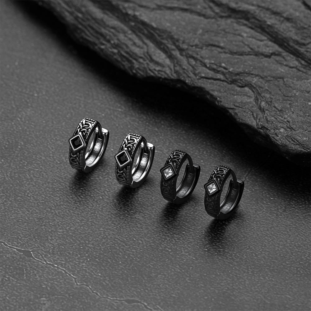 Gothic Geometric Black Zircon Stone Hoop Earrings for Men, 13mm