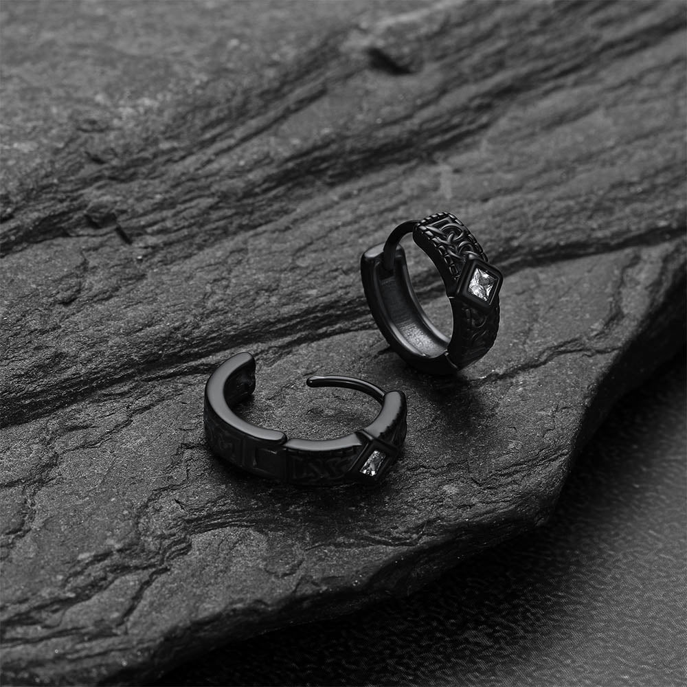 Black hoop earrings with Gothic Geometric Black Zircon Stone for Men, 13mm