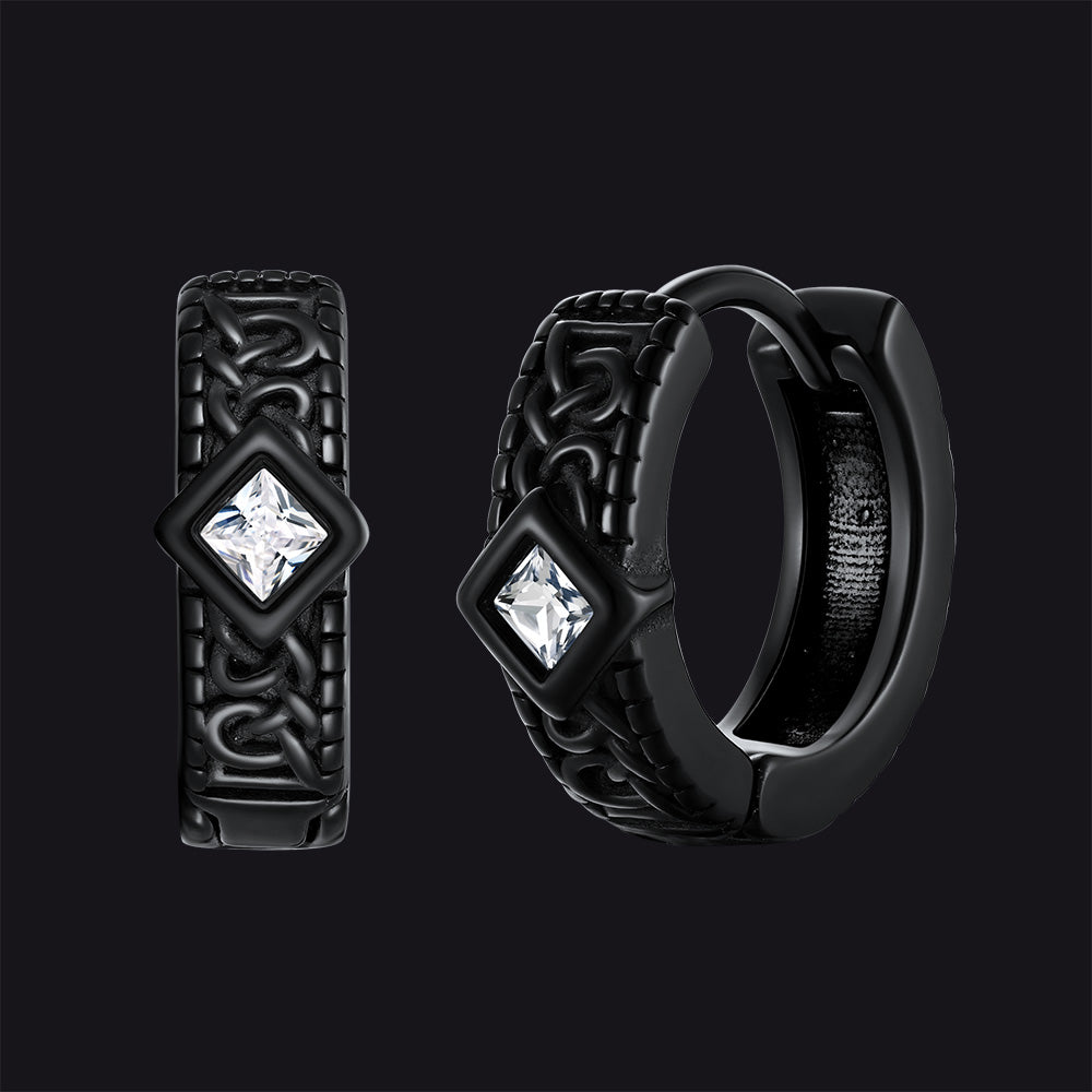 Black Gothic Geometric Black Zircon Hoop Earrings for Men, 13mm