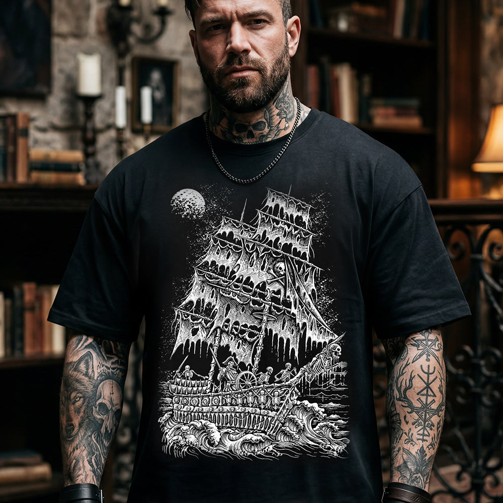 Close-up of Gothic graphic tee with Flying Dutchman ghost ship and skeleton pirate crew design