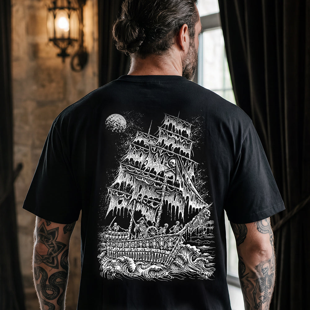 Man wearing Gothic ghost ship pirate skeleton crew graphic tee