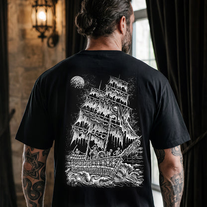 Man wearing Gothic ghost ship pirate skeleton crew graphic tee