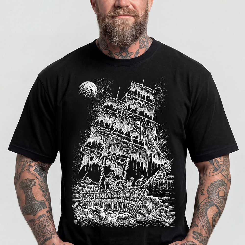Man wearing Gothic ghost ship pirate skeleton crew graphic tee
