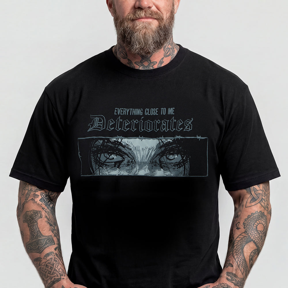 Man wearing Y2K grunge anime eyes Emo Gothic deteriorates graphic teeimg