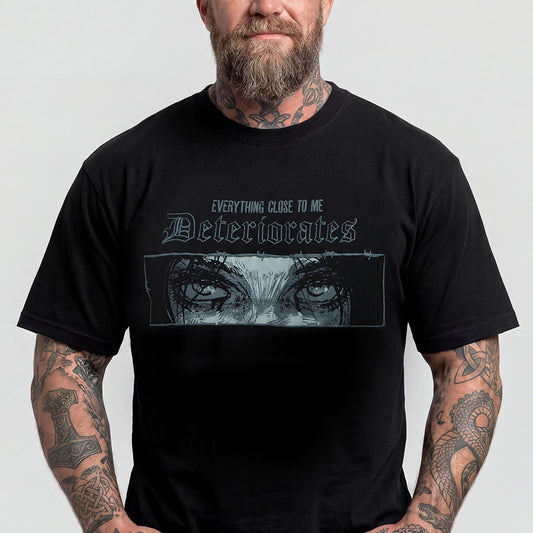 Man wearing Y2K grunge anime eyes Emo Gothic deteriorates graphic teeimg