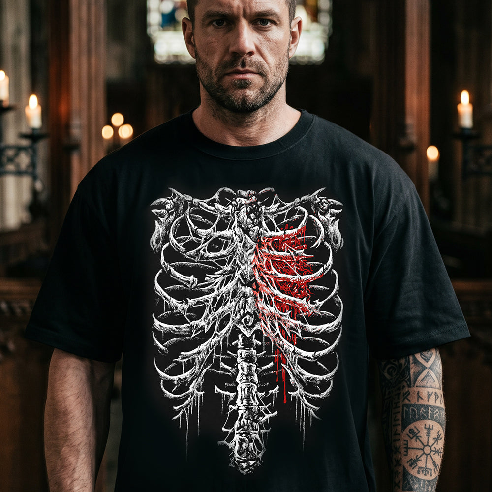 Gothic Skeleton Ribcage T-Shirt Bleeding Thorns Heart Graphic Tee for Men  