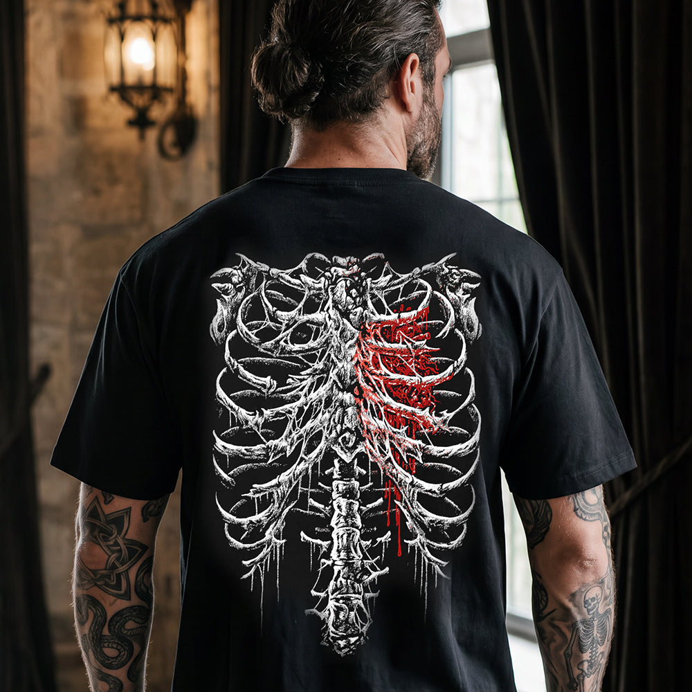 Gothic Skeleton Ribcage T-Shirt Bleeding Thorns Heart Graphic Tee for Men  