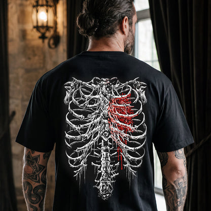 Gothic Skeleton Ribcage T-Shirt Bleeding Thorns Heart Graphic Tee for Men  