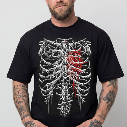 Gothic Skeleton Ribcage T-Shirt Bleeding Thorns Heart Graphic Tee for Men  